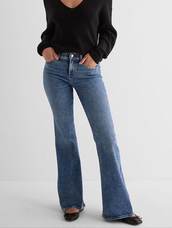 Express Denim - Express 70s Flare Jeans Mid Rise Blue Denim Boho Retro Stretch Size 8R Women
